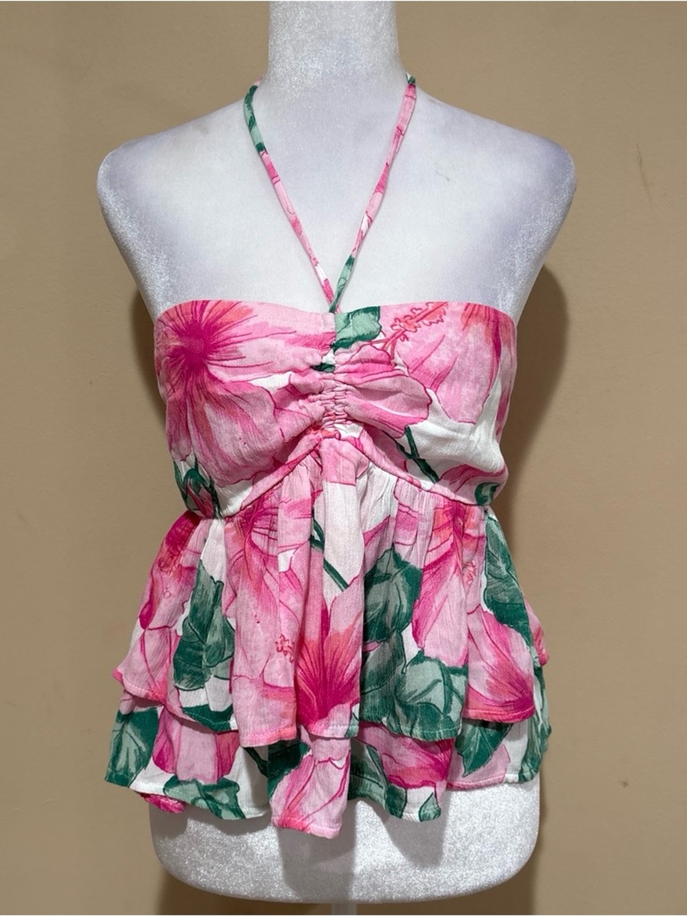 Hollister Pink Floral Smocked Halter Top